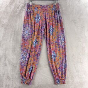 Luli Fama Jogger Pants Womens Size Large Orange Multicolor Candela Smocked Gipsy